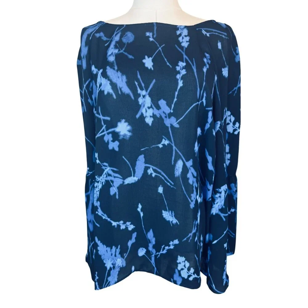 Banana Republic Large Flowy Blue Floral Print Long Bell Sleeve Blouse